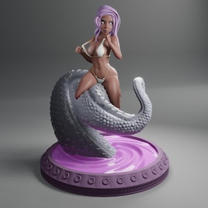May include: A figurine of a woman with purple hair, wearing a white bikini top and bottom, sitting on a grey, scaly, snake-like creature. The creature is on a purple base with a decorative border.