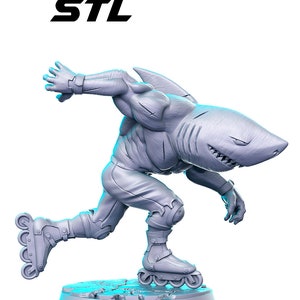 May include: A gray 3D printed figurine of a shark wearing roller skates. The shark has a human-like body and is in a running pose. The figurine is on a circular base with a cracked surface.