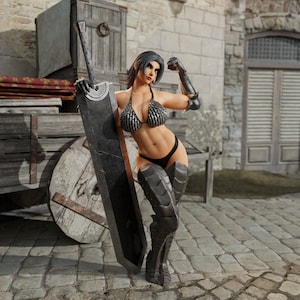 May include: A woman in a chainmail bikini and thigh-high armor holds a large black sword. She is standing in front of a wooden wagon and a stone wall.
