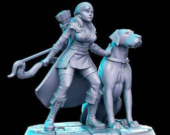 May include: A gray 32mm miniature figurine of a female ranger with a bow and arrow, standing next to a gray dog. The figurine is on a gray base.