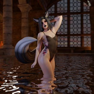 May include: A digital illustration of a person with gray hair, fox ears, and a long, fluffy tail. They are wearing a brown swimsuit and have a floral tattoo on their side. The person is standing in water, with a dark background.