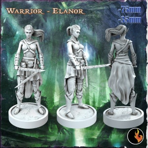 May include: A white painted miniature figurine of an elf warrior with a sword, wearing armor and a flowing skirt. The figurine is 75mm tall and 35mm wide. The text "WARRIOR - ELANOR" is visible in the image.