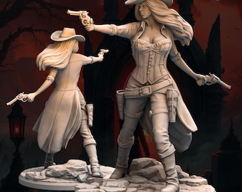 May include: A detailed sculpture of two women in Western attire, each holding a revolver. The figures wear cowboy hats, corsets, and long coats. The word "Cassidy" is written in the upper right corner. The figures stand on a rocky base.