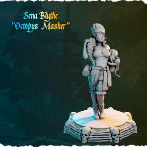 Peut inclure: Une figurine en peinture blanche d'une pirate féminine portant un chapeau de chef, tenant une pieuvre et une bouteille. La figurine est debout sur une base ronde faite de crânes empilés.