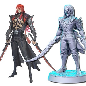 Puede incluir: Una figurita pintada de un personaje con cabello rojo, vistiendo un atuendo negro y rojo, sosteniendo dos espadas. La figurita está de pie sobre una base gris.