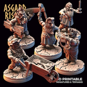 May include: Five 3D printed miniature figures of dwarves, each with a different tool or object. The dwarves are wearing simple clothing and have beards. The figures are standing on circular bases with a textured surface. The text "3D PRINTABLE MINIATURES & TERRAINS" is visible at the bottom of the image.