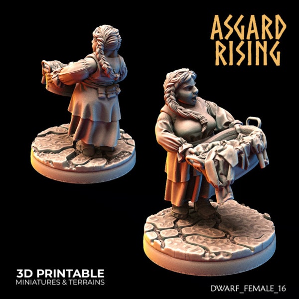 Dwarf Washer Woman Townfolk  Miniature for Tabletop RPGs | Asgard Rising | Dungeons and Dragons