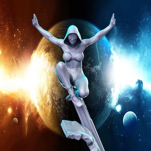 May include: A white figure wearing a hooded suit stands on a platform with a blue glow. The figure is posed with arms outstretched and legs bent, as if in mid-air. The background is a space scene with planets and stars.