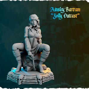 May include: A gray painted figurine of a female pirate wearing a hat and holding a pistol. She is sitting on a rock surrounded by skulls. The text "Ainsley Bartram "Jolty Outcast" is written above the figurine.