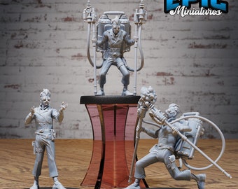 May include: Three grey painted miniature figures of steampunk characters with intricate details. The figures are posed on black bases and are ready to be painted.
