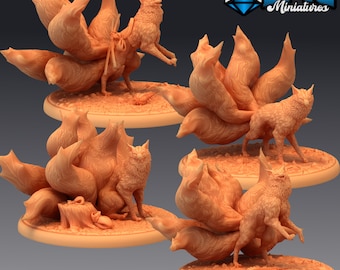 May include: Four detailed, hand-painted resin figurines of kitsune, or nine-tailed foxes, in various poses. Each figurine has a different number of tails, ranging from four to nine. The figurines are painted in shades of orange and brown, with intricate details on the fur and faces.