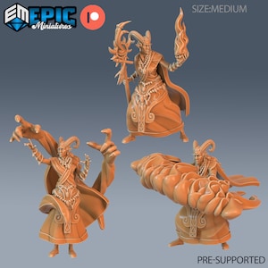 May include: A 3D printed miniature of a horned humanoid figure wearing a robe and holding a staff. The figure is in a pose of casting a spell. The miniature is pre-supported and is medium size.