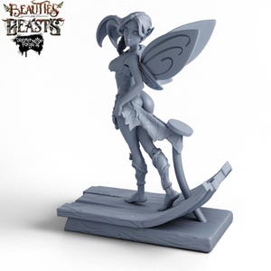 May include: A grey painted miniature figurine of a fairy with wings, standing on a wooden base. The fairy is wearing a leafy skirt and has a mischievous expression on her face. The base is made of wood and has a rough texture. The figurine is part of the "Beauties and Beasts" collection from Secret Weapon Miniatures.