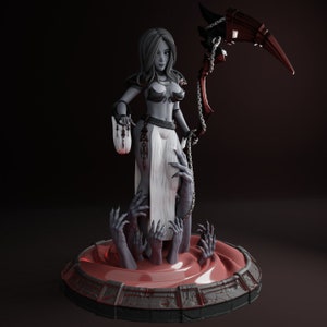 May include: A grey figurine of a woman with long hair, wearing a white dress and holding a scythe. The figurine is standing on a red base with multiple grey hands reaching up from the base.