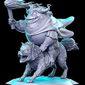 May include: A 3D printed model of a gray, round, monster-like creature riding a gray wolf. The monster is holding a torch in its right hand and has a large, toothy grin. The wolf is snarling and has a long, bushy tail.