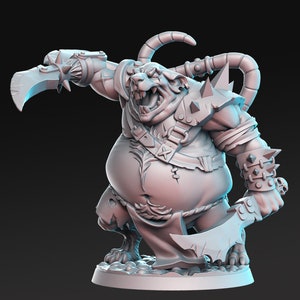 May include: A grey, detailed miniature figurine of a rat-like creature wearing armour and holding a dagger. The creature has a large belly and a fierce expression.