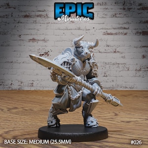 May include: A grey, detailed miniature of a minotaur warrior holding a spear. The minotaur is wearing armour and has a bull's head. The miniature is on a black base. BASE SIZE: MEDIUM (25.5MM) #026