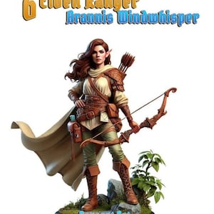 May include: A miniature figurine of an elf ranger, Arannis Windwhisper, holding a bow and arrow. She is wearing brown leather armor, a green tunic, and a tan cloak. The figurine is standing on a base with a green and brown landscape.