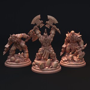 May include: Three miniature figurines of dwarves, each holding a double-headed axe. The dwarves are sculpted in a reddish-brown color and stand on circular bases with a rocky texture.