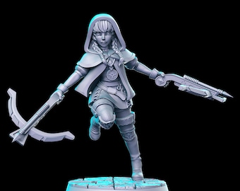 May include: A gray 3D printed miniature of a female figure wearing a hooded cloak and holding a crossbow and a gun. The figure is standing on a circular base.