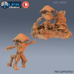 May include: A 3D printed miniature of a mushroom creature with a large, flat cap and a humanoid body. The creature is standing on a base with a mushroom-shaped tree and other mushrooms. The miniature is pre-supported and is labeled "SIZE: LARGE".
