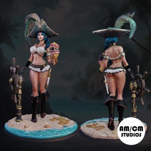 May include: A blue-haired pirate figurine wearing a green and gold hat, holding a small pink and white figurine. The pirate is wearing a white bikini top and a white skirt with gold trim. The figurine is standing on a blue and white base with gold coins.