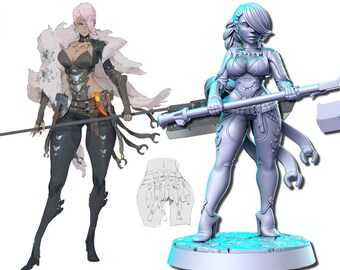 May include: A 3D printed miniature of a female warrior figure holding a large axe. The figure is painted in a light gray color and is standing on a circular base. The figure is wearing armor and has a long braid.