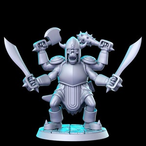 May include: A gray, skeletal, four-armed figure wearing armor and holding a sword, axe, and spiked club. The figure is standing on a circular base.