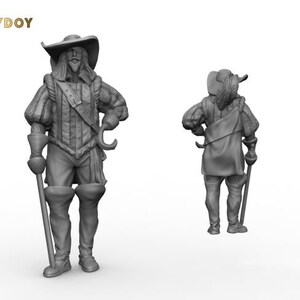 May include: Two gray plastic figurines of people wearing hats and holding canes. The figures are standing on a white background.
