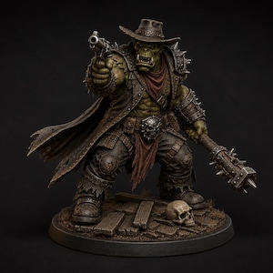 May include: A green-skinned orc figurine wearing a brown cowboy hat, a long duster coat, and spiked armor. The orc holds a revolver in one hand and a spiked mace in the other, standing on a base with a skull and wooden planks on the ground.