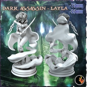 May include: A gray plastic miniature figurine of a female character with a hooded cloak and a sword. The figurine is standing on a base with a swirling cloud effect. The text "DARK ASSASSIN - LAYLA" is visible in the image. The figurine is 75mm tall and 35mm wide.