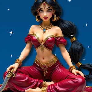 May include: A detailed figurine of a woman in a seated pose, wearing a red outfit with gold accents. She has long black hair, gold jewellery, and a jeweled headpiece. The figure is holding a small sword. The background is a gradient blue with white stars.