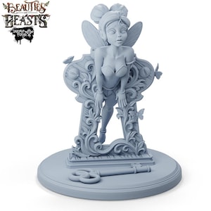 May include: A grey 3D printed figurine of a fairy with wings, standing in a keyhole-shaped frame. The fairy is holding onto the frame with both hands. The base of the figurine is a round platform with a key on it. The figurine is from the game "Beauties and Beasts: Secret Forge".