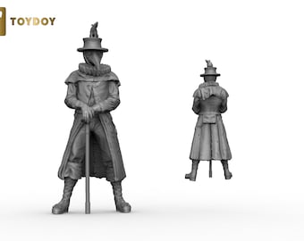 May include: A gray plague doctor figurine with a long coat, a hat with a beak, and a walking stick. The figurine is standing on a white background.