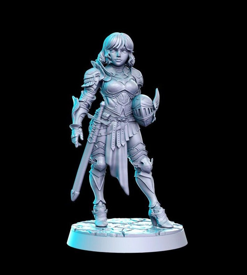 May include: A white 3D printed miniature figurine of a female knight wearing armor and holding a sword and helmet.