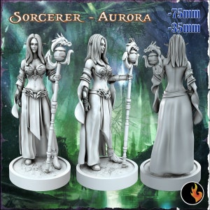 May include: A white painted miniature figurine of a female elf sorcerer holding a staff with a dragon head. The staff has a sphere at the top. The figure is standing on a round base. The text "SORCERER - AURORA" and "75mm - 35mm" is visible in the image.
