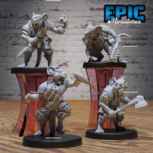 May include: Four gray painted miniature figurines of rat-like creatures with human-like features, each holding a weapon. The miniatures are posed in a fighting stance and are standing on black bases. The miniatures are labeled "EPIC Miniatures".