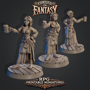 May include: A 3D printed miniature of a female character holding a tankard of ale. The character is wearing a long dress with a corset, a belt, and a pouch. The miniature is painted in a light gray color and is standing on a circular base.