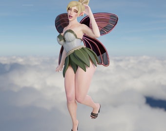May include: A blonde fairy with large, detailed wings, wearing a green leaf skirt, a white and green top, and black sandals. The fairy is set against a backdrop of a cloudy sky.