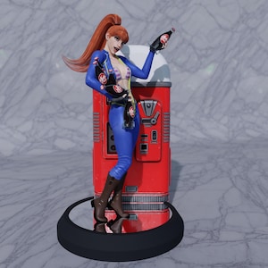 May include: A figurine of a woman in a blue jumpsuit holding bottles of a beverage, standing next to a red vending machine. The woman has red hair and brown boots. The vending machine is red with silver accents.