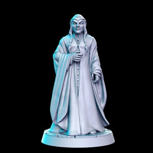 Puede incluir: Una figurita pintada de blanco de un elfo masculino que lleva una túnica larga con capucha puntiaguda. El elfo tiene el pelo largo y trenzado y una expresión seria.