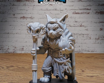 May include: A grey, furry, cat-like creature wearing a hooded robe and holding a staff with a skull-like head. The creature is standing on a black base. BASE SIZE: MEDIUM (25.5MM) #014