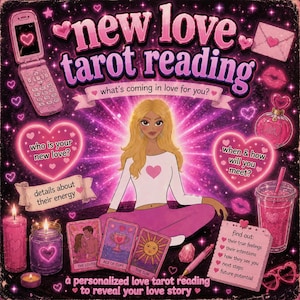 Può includere: Una grafica digitale intitolata New Love Tarot Reading che mostra una persona bionda seduta a gambe incrociate con carte dei tarocchi, un telefono a conchiglia, candele, una bevanda e cuori. Il testo include: what's coming in love for you?.