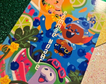 May include: A rectangular card featuring a vibrant, colorful illustration of cartoon characters, blueberries, lime slices, and watermelon segments. The text "DEEP SEA SUBMERGE" is printed vertically in white. The design uses bright blue, orange, and green.
