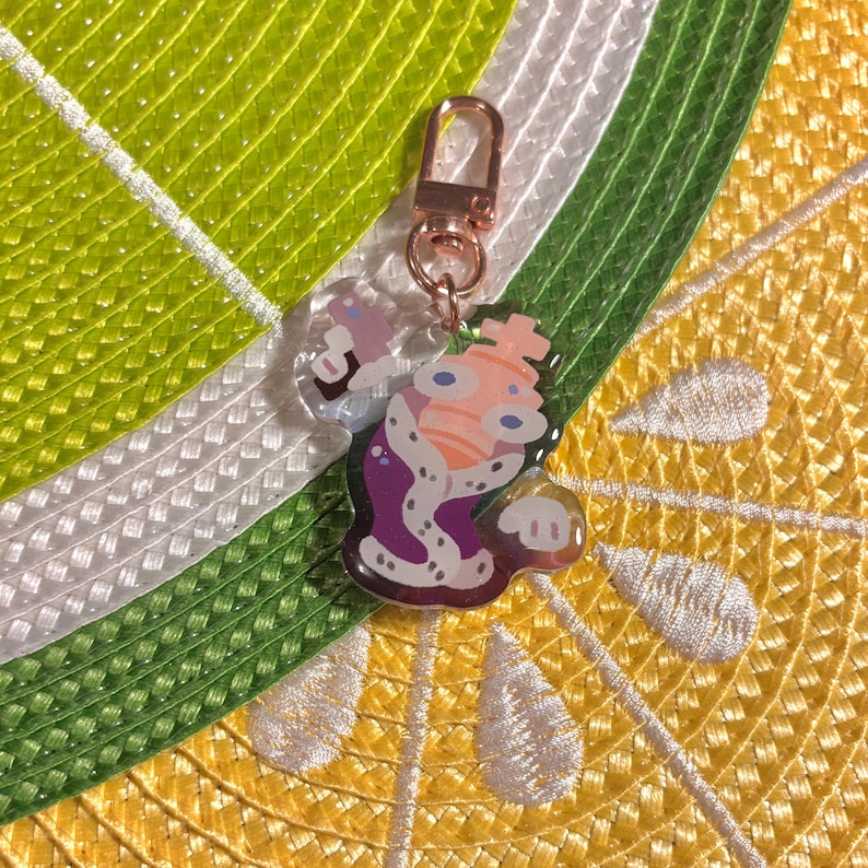 May include: A cartoon keychain featuring a king character with a crown, purple robe, and a gold-colored clasp. The keychain is on a yellow and green background.
