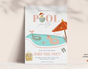 Bewerkbare sjabloon voor uitnodiging voor zwembadfeest, uitnodiging voor Splash-feestje (digitale download)