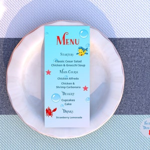 Under the Sea" with Ariel! Editable Little Mermaid Food Menu - 4x9 inches, Instant Download Canva Template for Any Age Party.