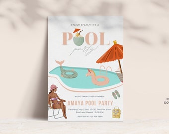 Puede incluir: Una invitación a una fiesta de piscina rosa y azul con una ilustración de dibujos animados de una piscina, un flotador de unicornio y una persona sentada en una silla. El texto de la invitación dice "Splish Splash It's a Pool Party!" y "Amaya Pool Party".