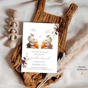 Invitación editable para revelar el género del bebé en Acción de Gracias (niño o niña, él o ella), plantilla de invitación de otoño, invitación para anunciar un bebé (Canva)
