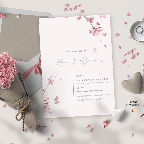 Sakura Blossom Dreams bruiloft uitnodiging, elegant bloemdessin, bloemenbruiloft, roze Evite, bewerkbare sjabloon, Instant download, afdrukbaar